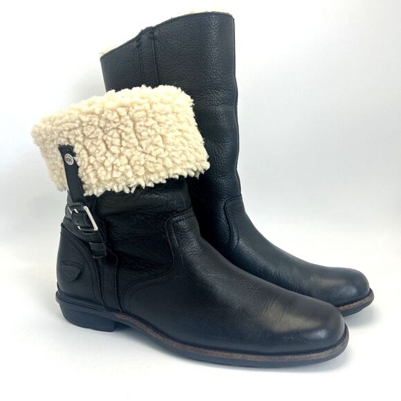 UGG Shoes - UGG Bellevue Moto Boots Women’s Sz 9 Black Leather Shearling Zip Buckle 5745